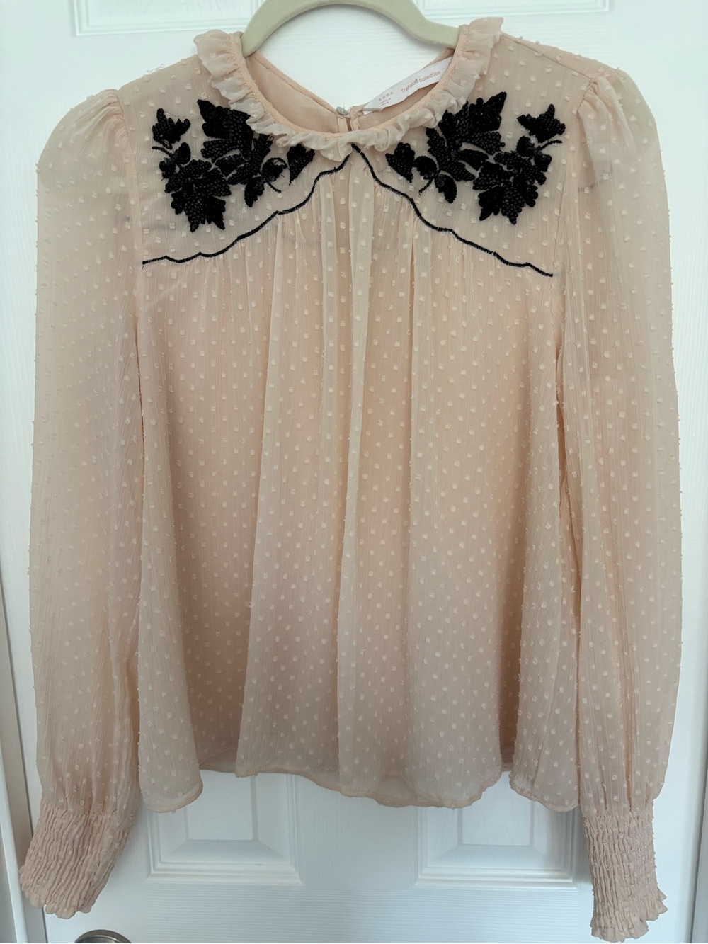 Zara Beige Sheer Swiss Dot Blouse with Black Floral Applique